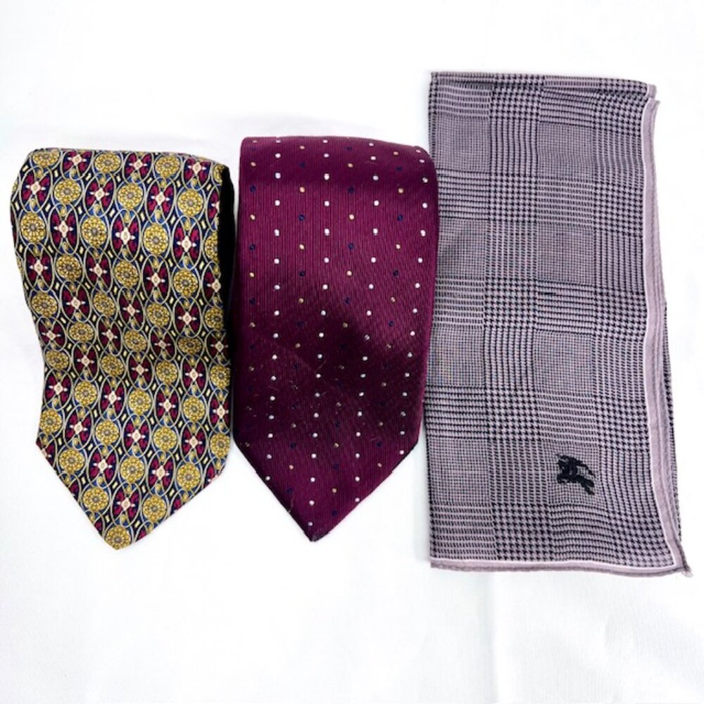 Set: 2 Neckties Burberry Burgendy Dott & Feraud Louis +1Burberry Handkerchief(52 - Picture 2 of 13